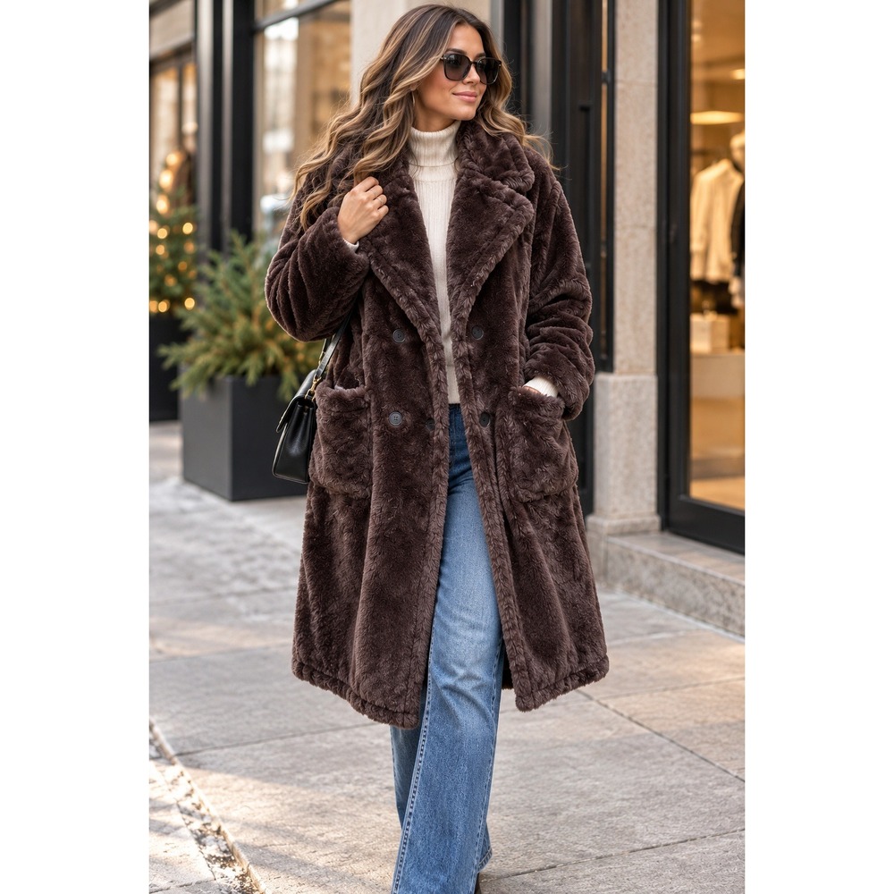 Jou Jou Chocolate Brown Faux Fur Long Teddy Coat XL Water Resistant